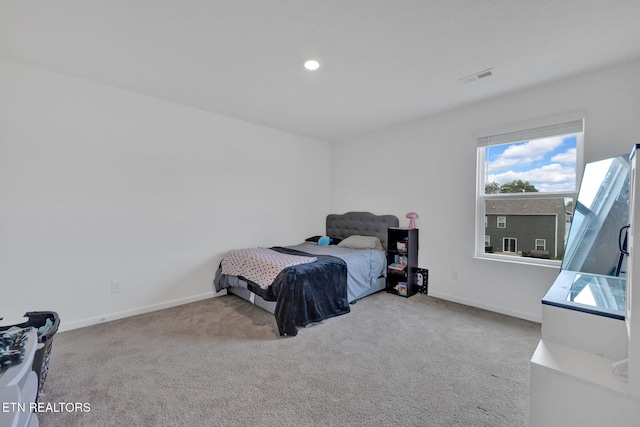 bedroom featuring visible vents, recessed lighting, carpet, and baseboards