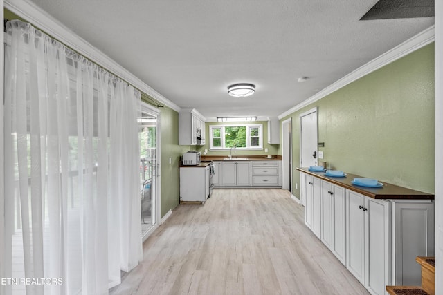 kitchen with crown molding, electric range, a sink, light wood-style floors, and a textured ceiling