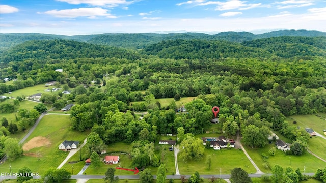 birds eye view of property with a mountain view and a forest view
