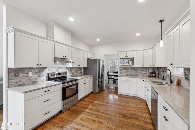 kitchen with under cabinet range hood, appliances with stainless steel finishes, decorative backsplash, and a sink