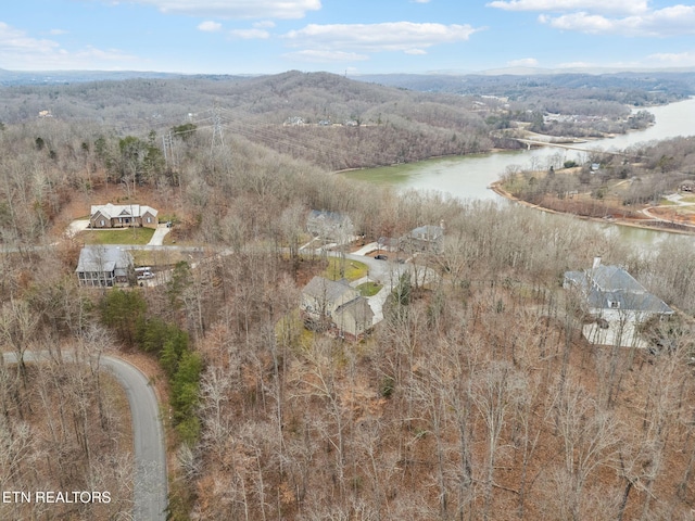 bird's eye view with a water and mountain view and a view of trees