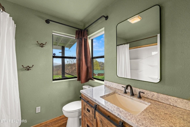 bathroom with vanity, a textured wall, toilet, and wood finished floors