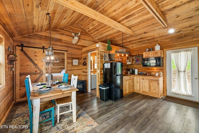 dining space featuring wood walls, lofted ceiling with beams, dark wood-style floors, and wood ceiling