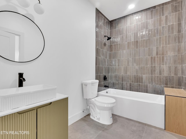 bathroom with shower / bath combination, tile patterned flooring, baseboards, toilet, and recessed lighting