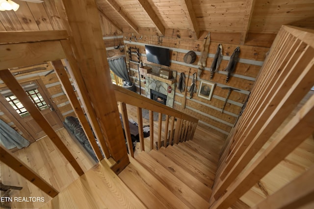 3426 Twin City Way, Sevierville, TN 37863 - stairs with wooden walls, beam ceiling, wood ceiling, and wood finished floors