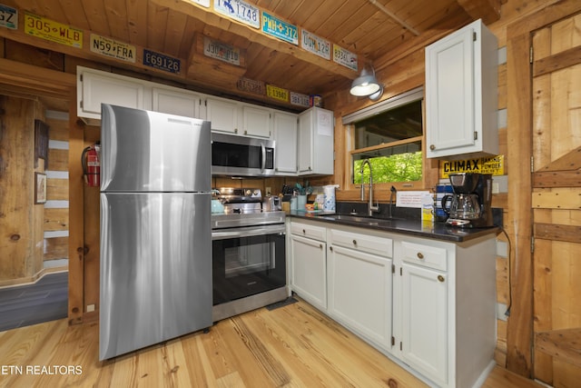 3426 Twin City Way, Sevierville, TN 37863 - kitchen with wood ceiling, appliances with stainless steel finishes, dark countertops, a sink, and white cabinets