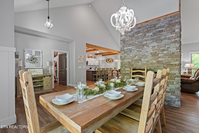 3487 Summit Trails Dr, Sevierville, TN 37862 - dining area with wood finished floors, a notable chandelier, and high vaulted ceiling