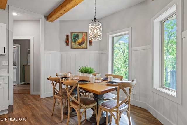 3487 Summit Trails Dr, Sevierville, TN 37862 - dining area featuring an inviting chandelier, wainscoting, beam ceiling, and dark wood-type flooring