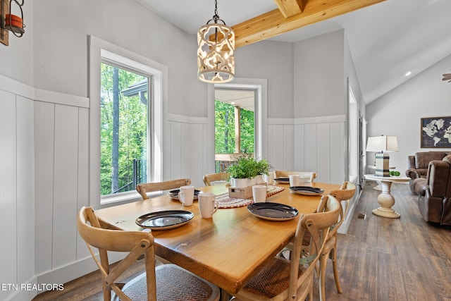 3487 Summit Trails Dr, Sevierville, TN 37862 - dining space with wood finished floors, a wainscoted wall, lofted ceiling with beams, a chandelier, and a decorative wall