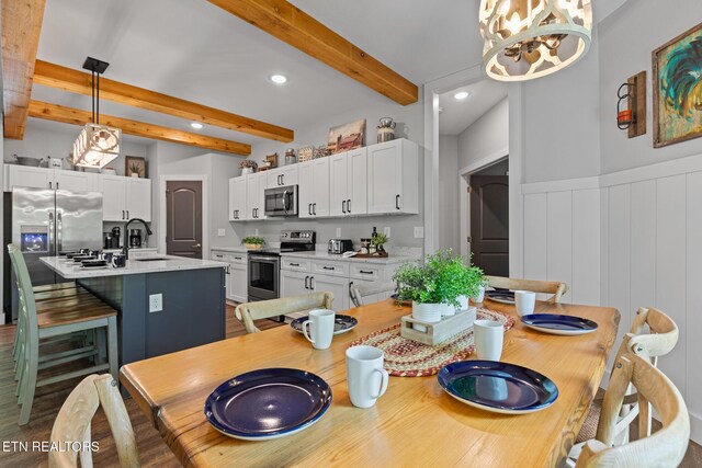 3487 Summit Trails Dr, Sevierville, TN 37862 - dining space featuring a wainscoted wall, beamed ceiling, recessed lighting, and a chandelier