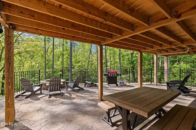 3487 Summit Trails Dr, Sevierville, TN 37862 - view of patio / terrace with fence, outdoor dining space, a grill, and an outdoor fire pit