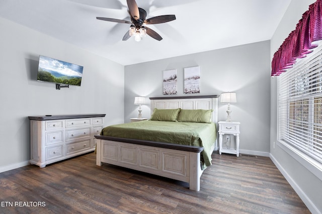 3487 Summit Trails Dr, Sevierville, TN 37862 - bedroom with baseboards, visible vents, ceiling fan, and dark wood-type flooring