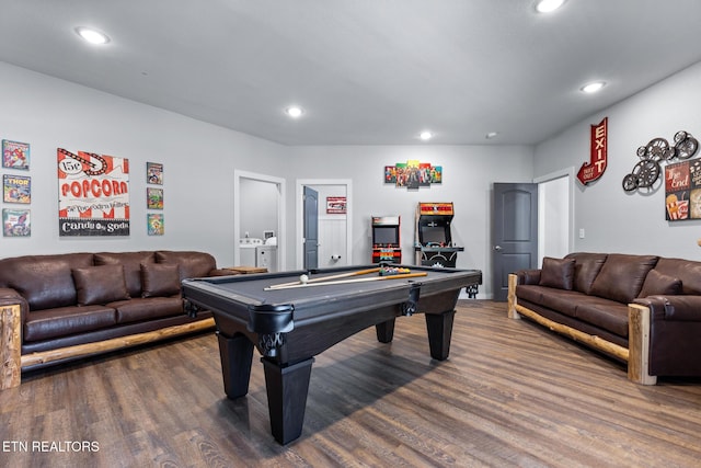 3487 Summit Trails Dr, Sevierville, TN 37862 - game room featuring washing machine and clothes dryer, recessed lighting, billiards, and wood finished floors
