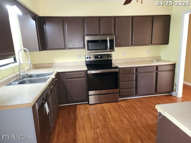 kitchen with dark brown cabinetry, a sink, light countertops, stainless steel appliances, and wood finished floors