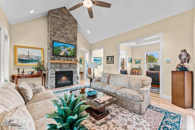 112 Naduli Trl, Vonore, TN 37885 - living area with ceiling fan, a fireplace, high vaulted ceiling, recessed lighting, and wood finished floors