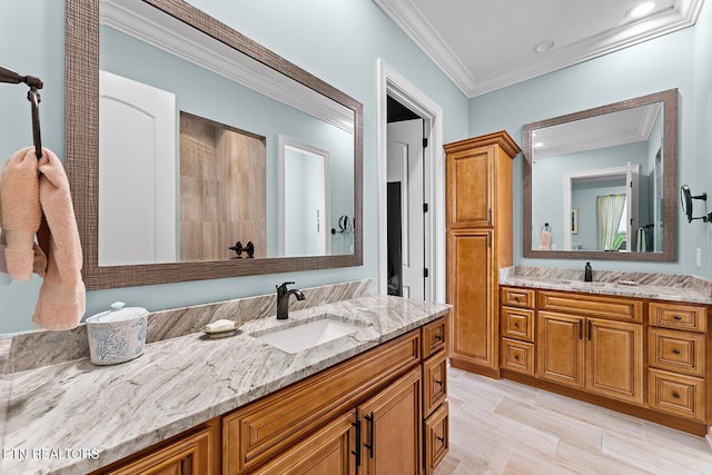 112 Naduli Trl, Vonore, TN 37885 - full bath featuring crown molding, a tile shower, two vanities, a sink, and recessed lighting