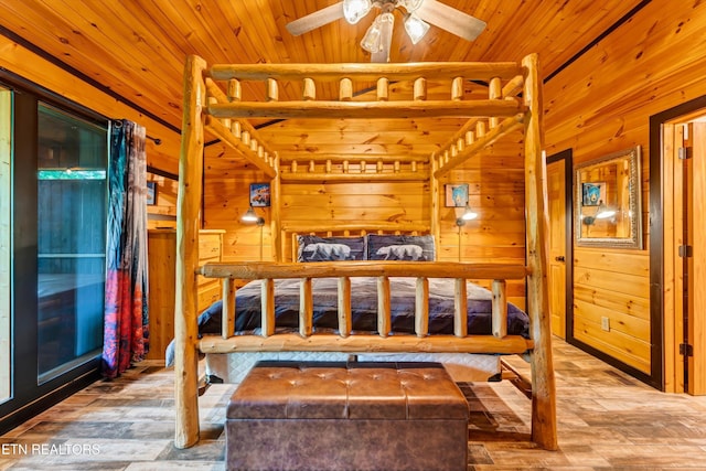 bedroom featuring wooden walls, wood ceiling, and wood finished floors