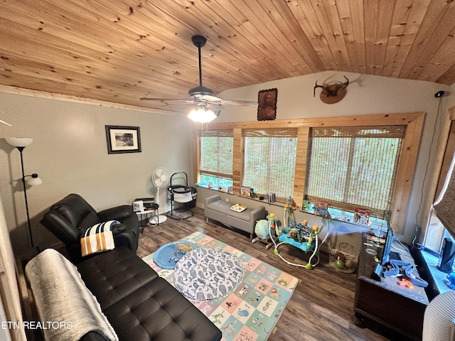 living room with wood finished floors, lofted ceiling, wooden ceiling, and ceiling fan