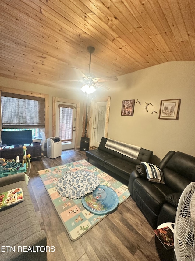 living area with wooden ceiling, hardwood / wood-style floors, and a ceiling fan