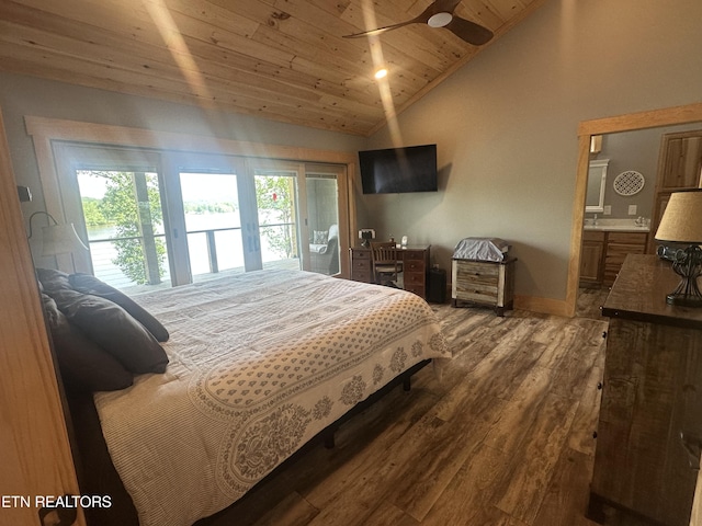 bedroom with wood finished floors, baseboards, access to outside, wood ceiling, and ensuite bath