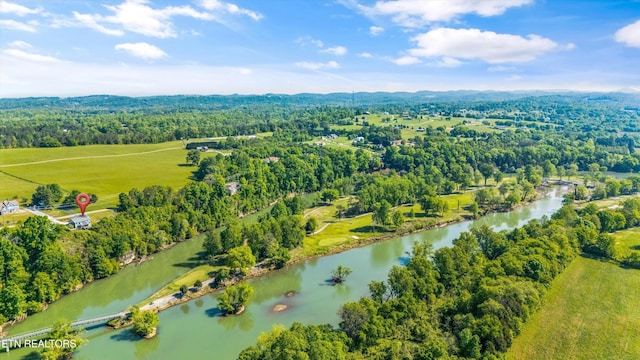 aerial view of a nearby body of water and a forest