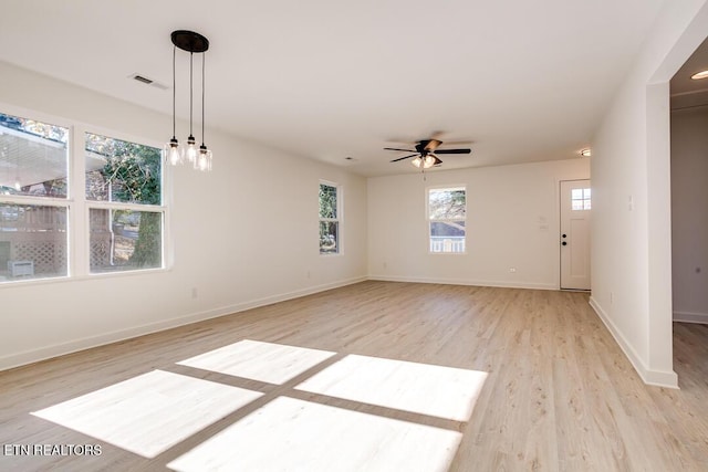 1624 Folsom Ave, Knoxville, TN 37917 - unfurnished living room with a ceiling fan, baseboards, visible vents, and light wood-style flooring