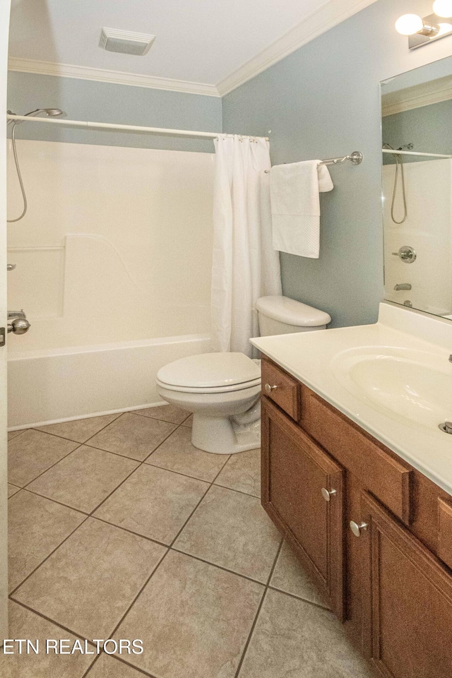full bath featuring toilet, vanity, crown molding, tile patterned flooring, and shower / bath combination with curtain