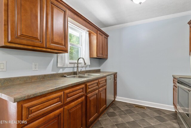136 White Oak Dr, Harriman, TN 37748 - kitchen with visible vents, electric stove, brown cabinets, a sink, and dishwasher