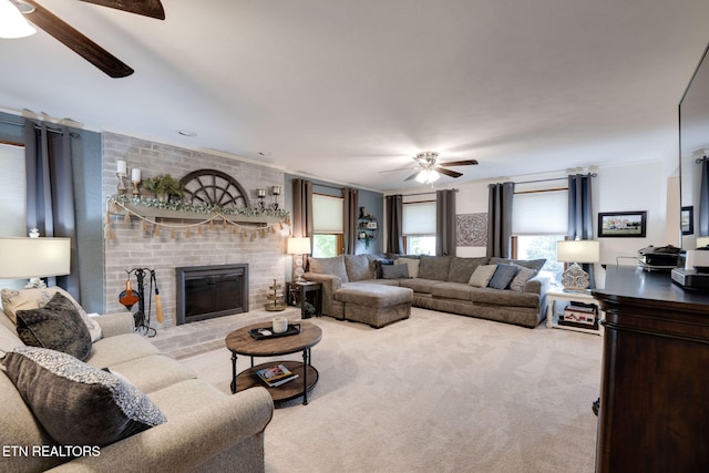 291 County Road 275, Niota, TN 37826 - carpeted living room with ceiling fan and a brick fireplace