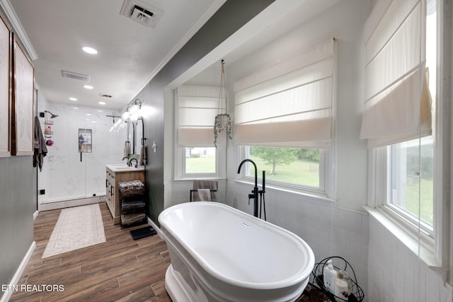 291 County Road 275, Niota, TN 37826 - full bathroom with tile walls, plenty of natural light, vanity, a shower stall, and wood finished floors