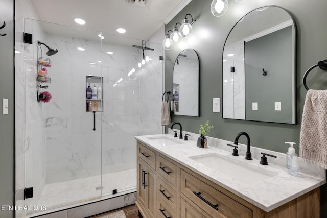 291 County Road 275, Niota, TN 37826 - bathroom with a baseboard heating unit, a stall shower, recessed lighting, double vanity, and crown molding