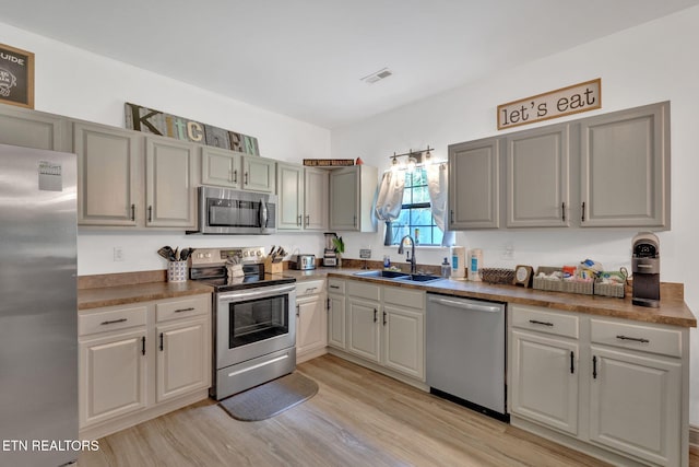 1045 Indian Gap Rd, Sevierville, TN 37876 - kitchen with stainless steel appliances, light wood-style flooring, visible vents, and a sink