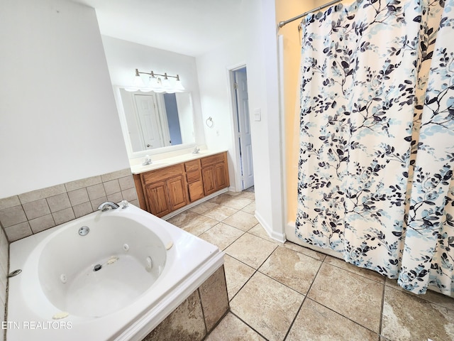 701 Misty Ridge Dr, Lenoir City, TN 37772 - bathroom with a jetted tub, vanity, a shower with shower curtain, and tile patterned floors