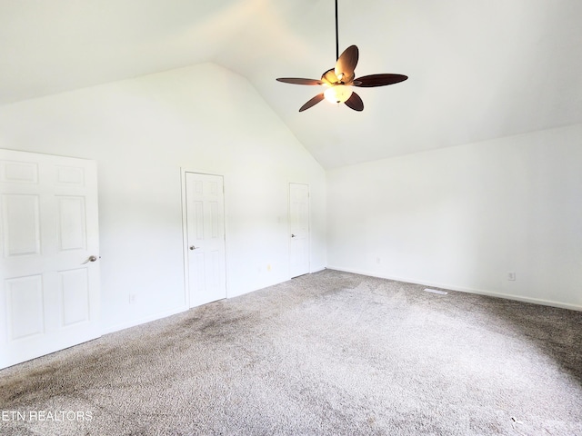 701 Misty Ridge Dr, Lenoir City, TN 37772 - additional living space with a ceiling fan, carpet flooring, high vaulted ceiling, and baseboards