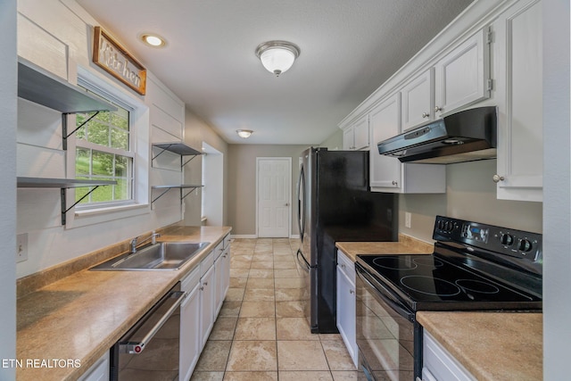 701 Misty Ridge Dr, Lenoir City, TN 37772 - kitchen featuring black / electric stove, under cabinet range hood, a sink, white cabinetry, and dishwasher