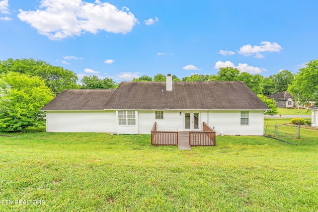 701 Misty Ridge Dr, Lenoir City, TN 37772 - back of house with a chimney, a wooden deck, and french doors