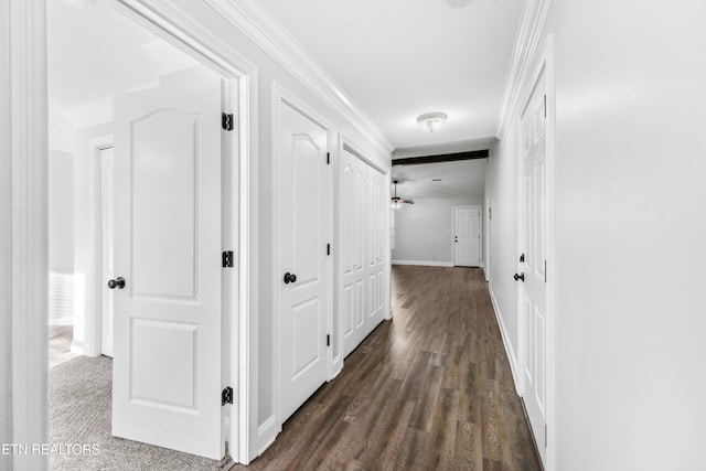 corridor featuring crown molding, baseboards, and dark wood finished floors