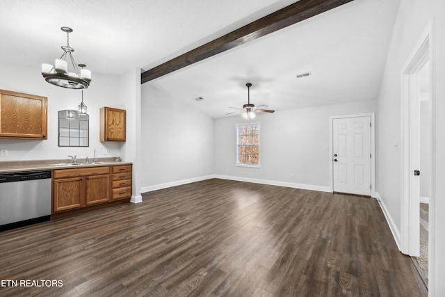 interior space featuring baseboards, dark wood-style floors, vaulted ceiling with beams, a sink, and ceiling fan with notable chandelier
