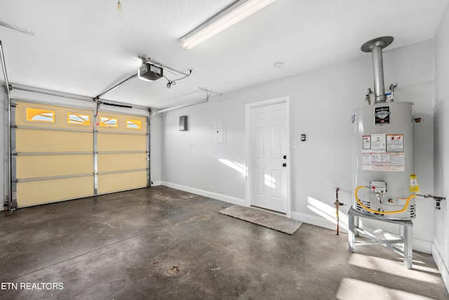garage featuring baseboards, a garage door opener, and gas water heater