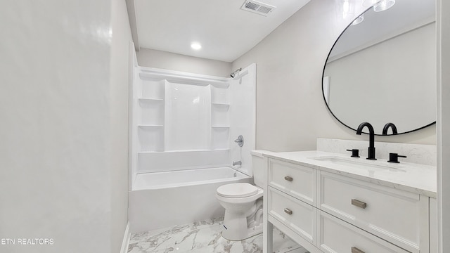 bathroom with vanity, toilet, marble finish floor,  shower combination, and visible vents