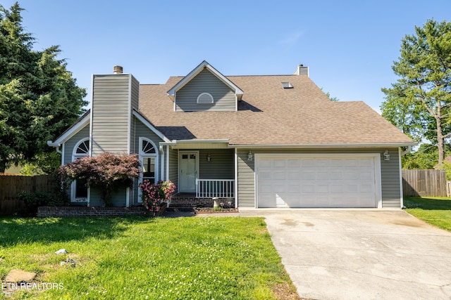view of front facade with fence, a front lawn, a garage, a chimney, and covered porch