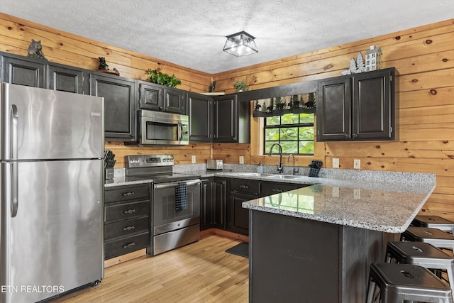 kitchen featuring wooden walls, appliances with stainless steel finishes, a sink, dark cabinets, and a peninsula