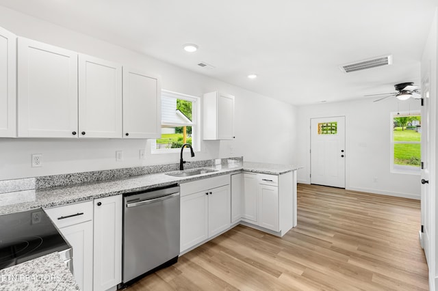 kitchen featuring a sink, range with electric stovetop, visible vents, dishwasher, and white cabinetry