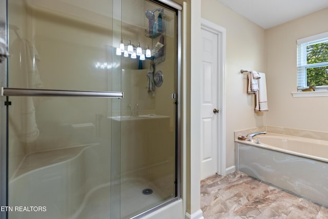 2227 Bay Pointe Dr, Hixson, TN 37343 - full bath with baseboards, a shower stall, a garden tub, and marble finish floor