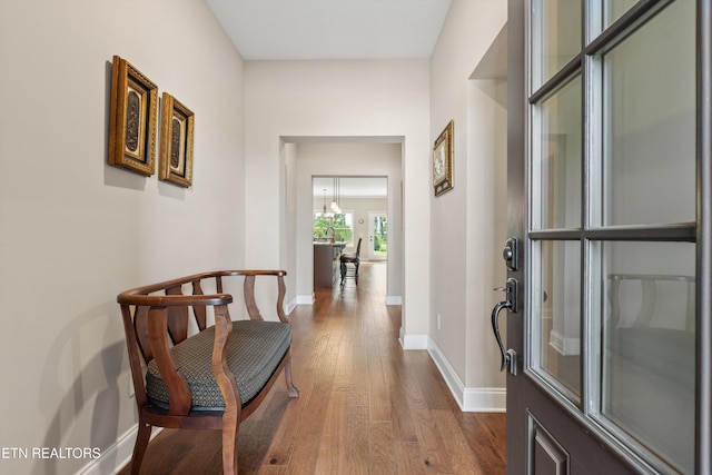 hallway with baseboards and dark wood finished floors