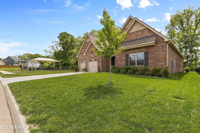 view of front facade with concrete driveway, brick siding, and a front yard