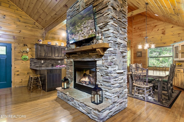 2471 Cove Mountain Ln, Sevierville, TN 37862 - living room with a fireplace, wooden walls, high vaulted ceiling, wooden ceiling, and light wood-style flooring