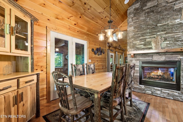 2471 Cove Mountain Ln, Sevierville, TN 37862 - dining area featuring an inviting chandelier, lofted ceiling, hardwood / wood-style floors, wooden walls, and wood ceiling