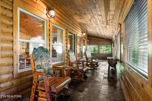 2471 Cove Mountain Ln, Sevierville, TN 37862 - sunroom with wood ceiling, rustic walls, and lofted ceiling