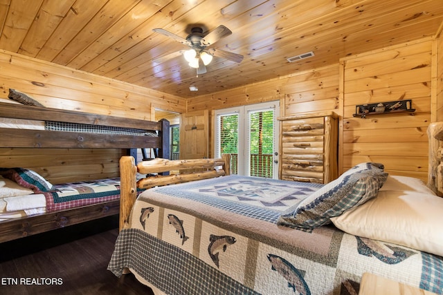 2471 Cove Mountain Ln, Sevierville, TN 37862 - bedroom with visible vents, wood walls, wood finished floors, access to outside, and wooden ceiling